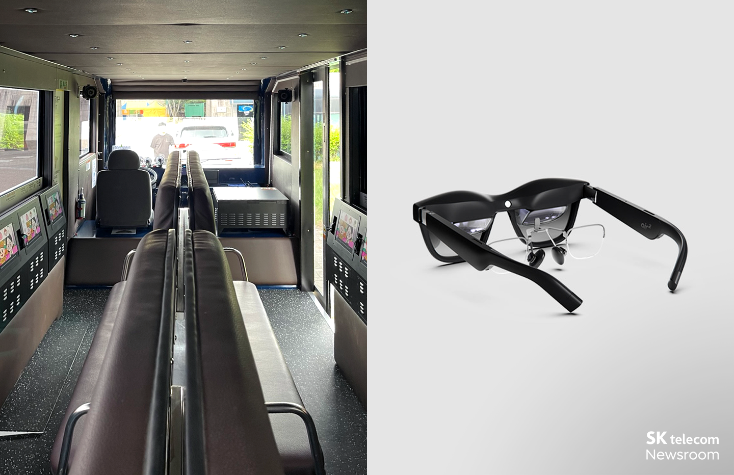 18인승 전기XR체험 셔틀 내에 설치된 13인치 태블릿(왼쪽)과 AR스마트글래스(오른쪽)